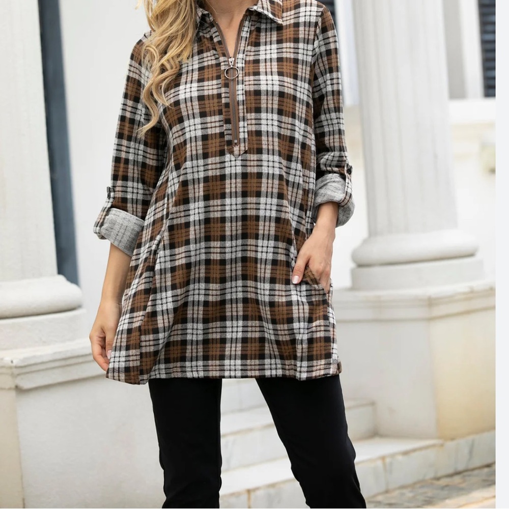 Orange Fashion Village Half Zip Plaid Tunic